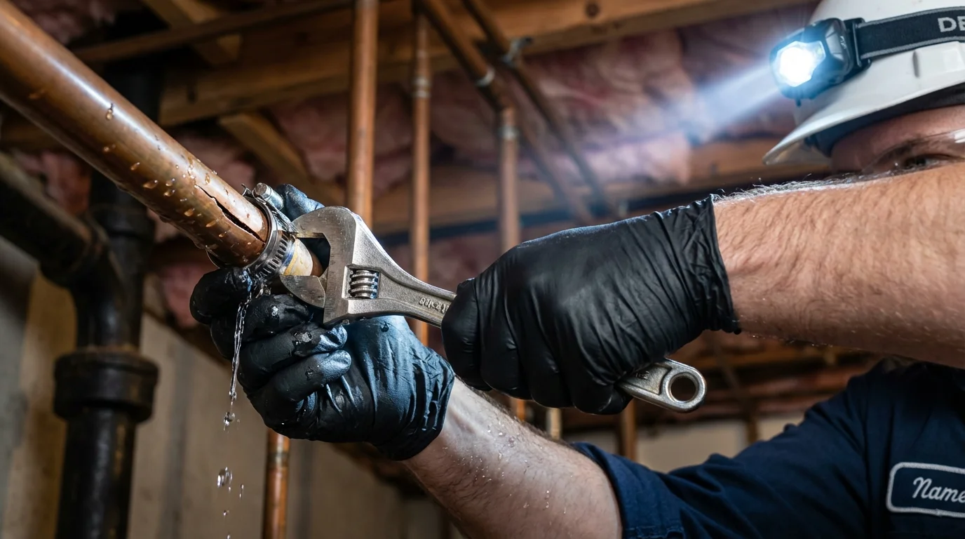 Emergency pipe clamp repair being performed by a Johns Plumbing LLC plumber in Waseca