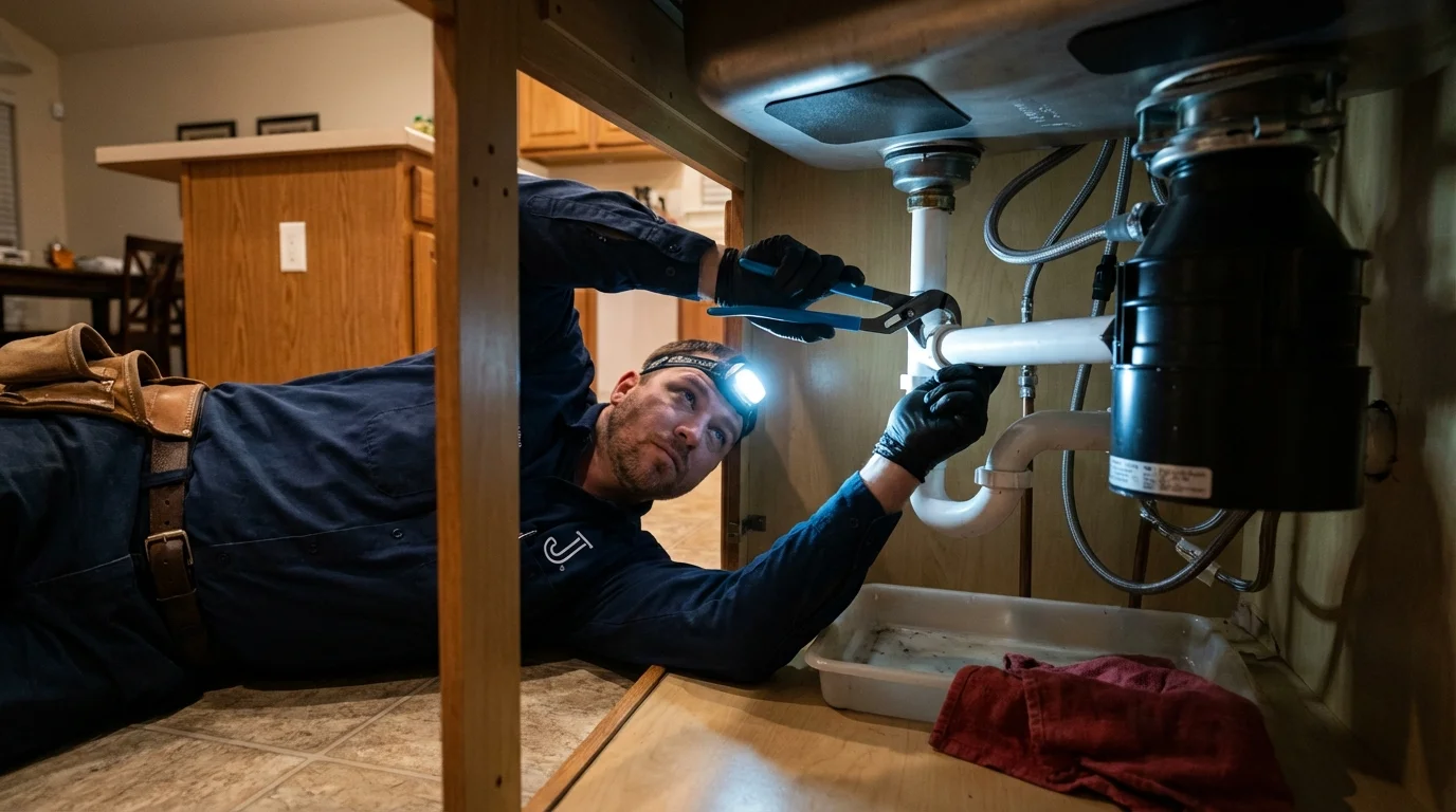 P-trap and supply line connections under a kitchen sink showing a common leak point in Waseca, MN